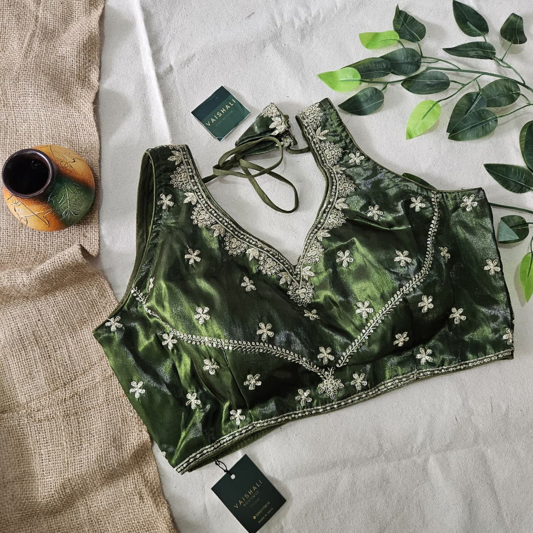 Handcrafted Emerald Green Silk Blouse with Intricate Zari