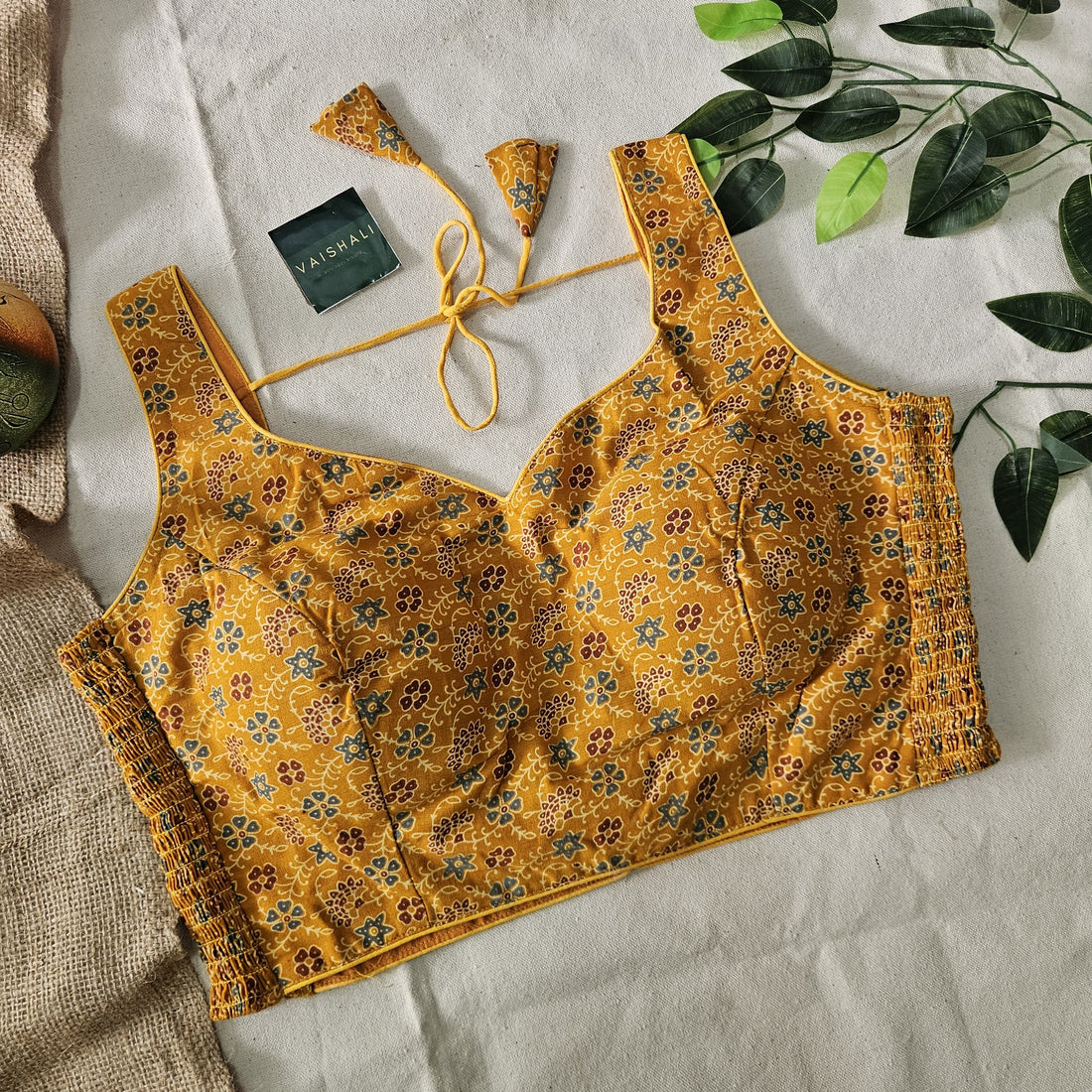 Mustard Yellow Floral Printed Cotton Blouse with Side Stretchable