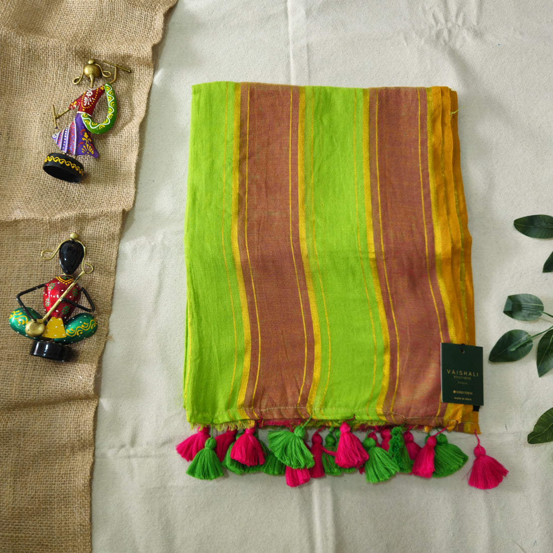 Lime Stripe mul cotton saree